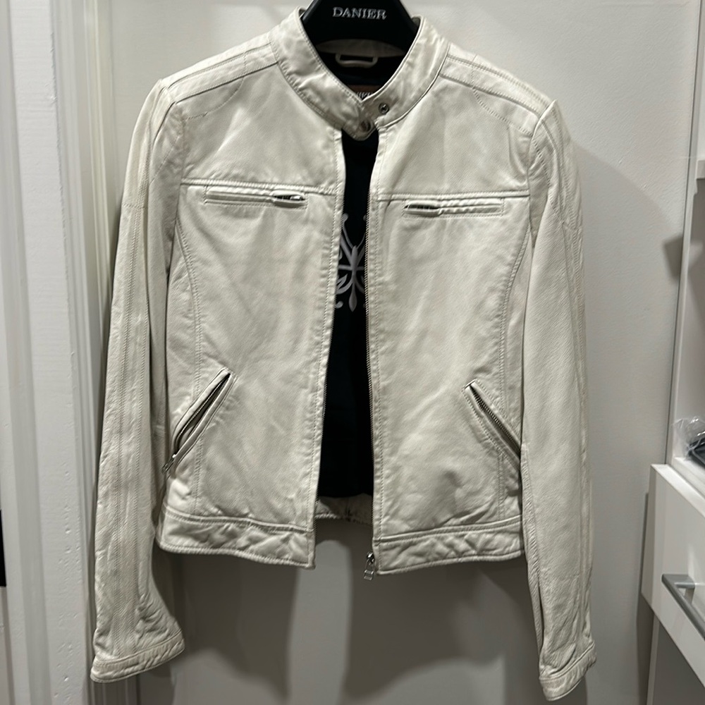 White Danier leather motorcycle style jacket with T-shirt lining